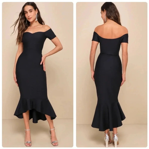 Lulus How Much I Care Midnight Blue Off-the-Shoulder Midi Dress Size Medium NWT - Picture 1 of 11